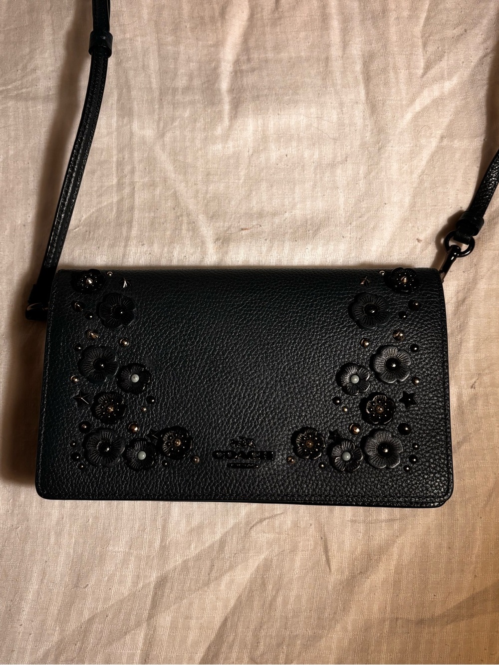 Coach Phone Crossbody – Dark Blue Pebbled Floral & Studs– Like New - Picture 3 of 9